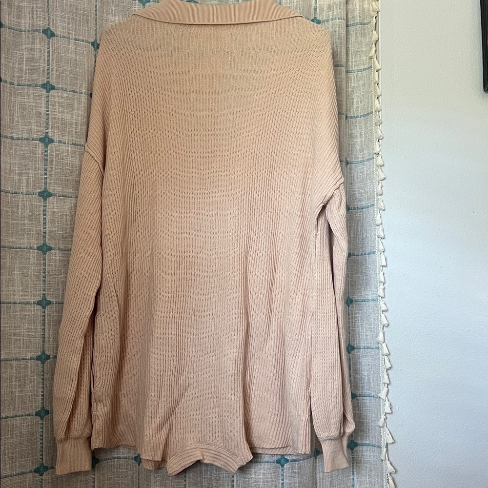 Beige Ribbed Knit Collared Sweater - Picture 3 of 3
